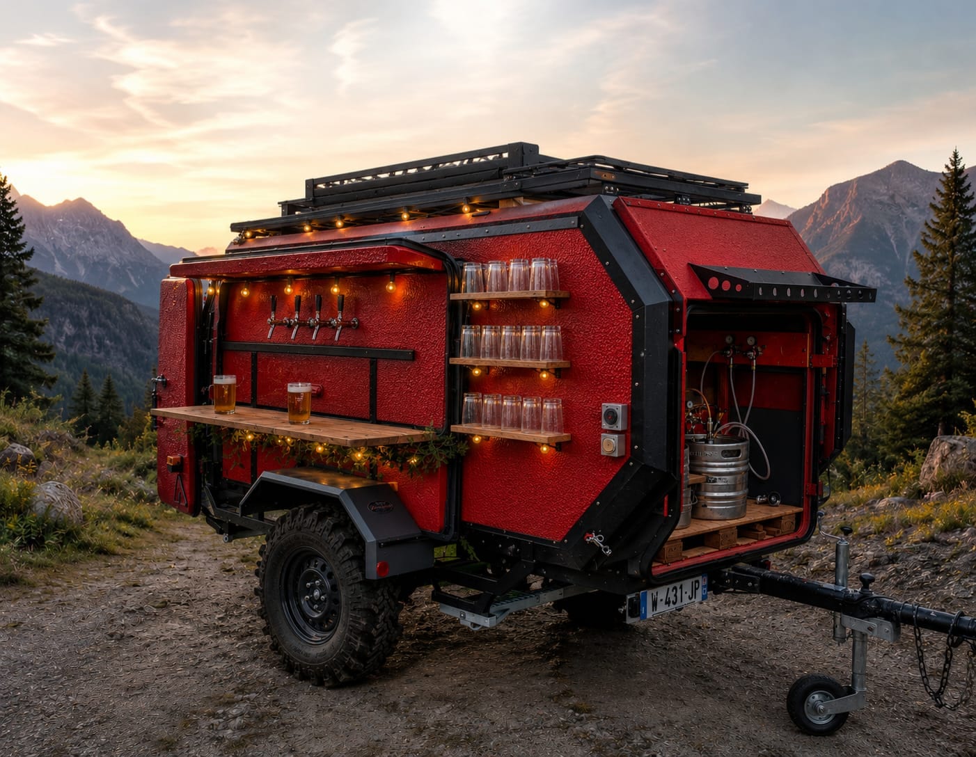 La remorque bar Le Mountain Bar 74 installée en montagne au coucher du soleil, façade ouverte, comptoir déplié et guirlandes allumées