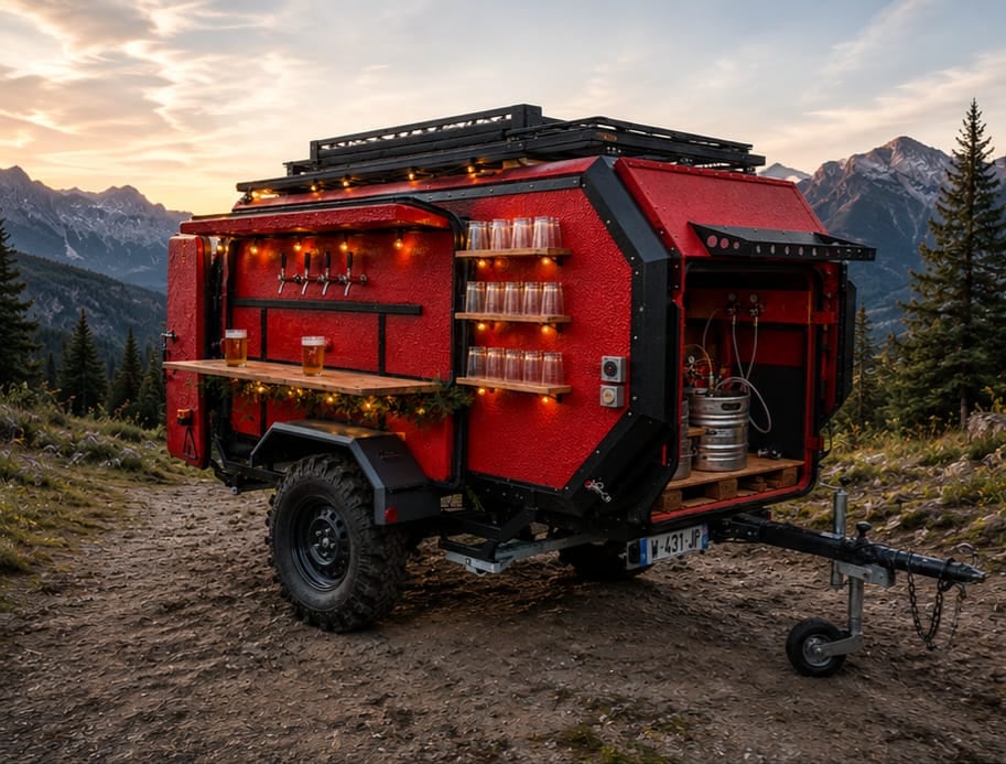 La remorque bar ouverte en montagne, comptoir déplié et guirlandes allumées