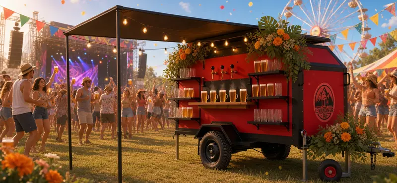 Mise en situation : le bar en bord de scène sur une fête de plein air, verres alignés sur les étagères