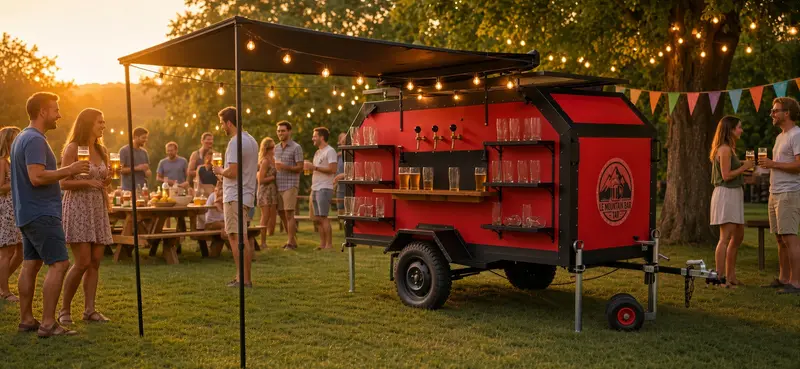 Mise en situation : le bar installé dans un jardin en fin de journée, tablées et guirlandes autour