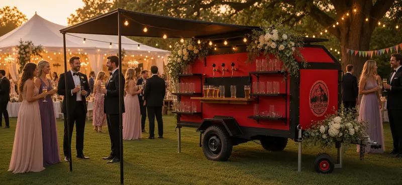Mise en situation : le bar installé sur la pelouse d’un mariage, auvent déplié et invités en tenue de soirée